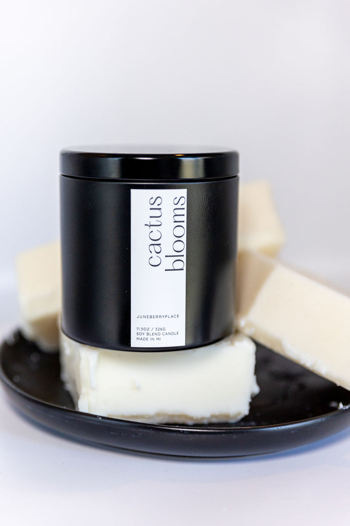 Cactus Blooms Wood Wick Soy Candle in matte black vessel by juneberryplace home fragrances