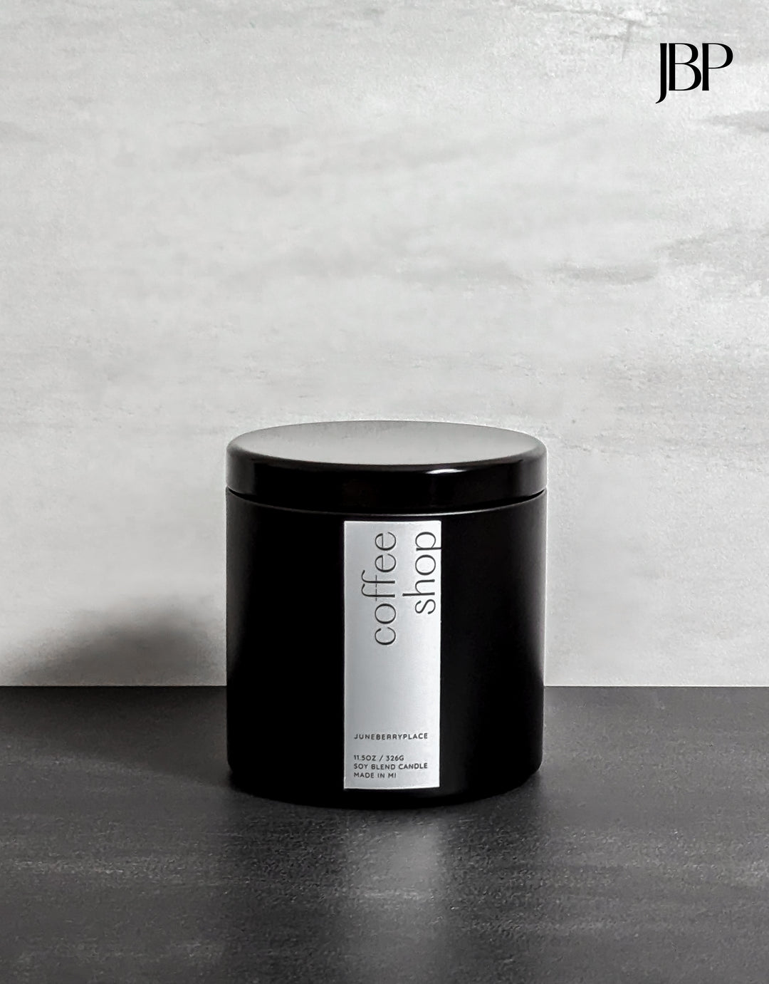 Coffee Shop Wood Wick Soy Candle in matte black vessel by juneberryplace home fragrances