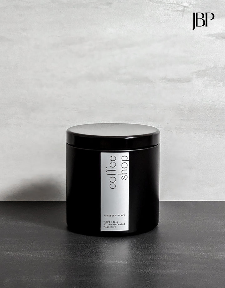 Coffee Shop Wood Wick Soy Candle in matte black vessel by juneberryplace home fragrances