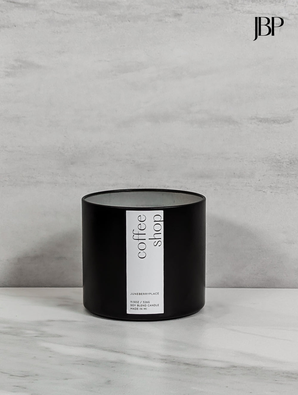 Coffee Shop Wood Wick Soy Candle in matte black vessel by juneberryplace home fragrances