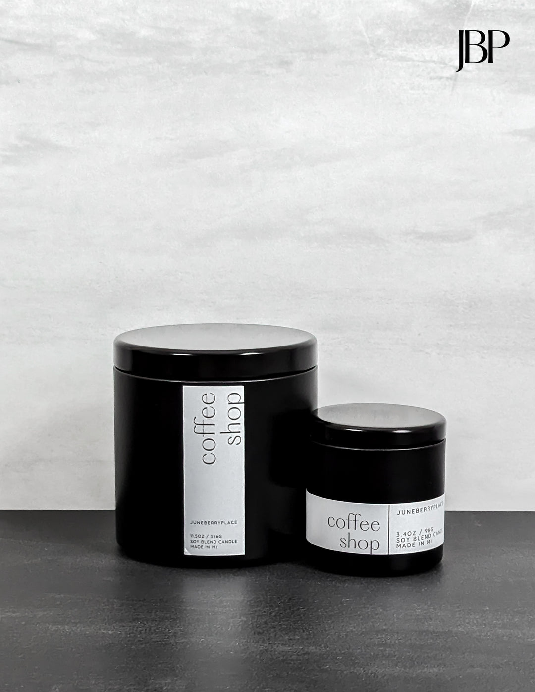 Coffee Shop Wood Wick Soy Candle in matte black vessel by juneberryplace home fragrances