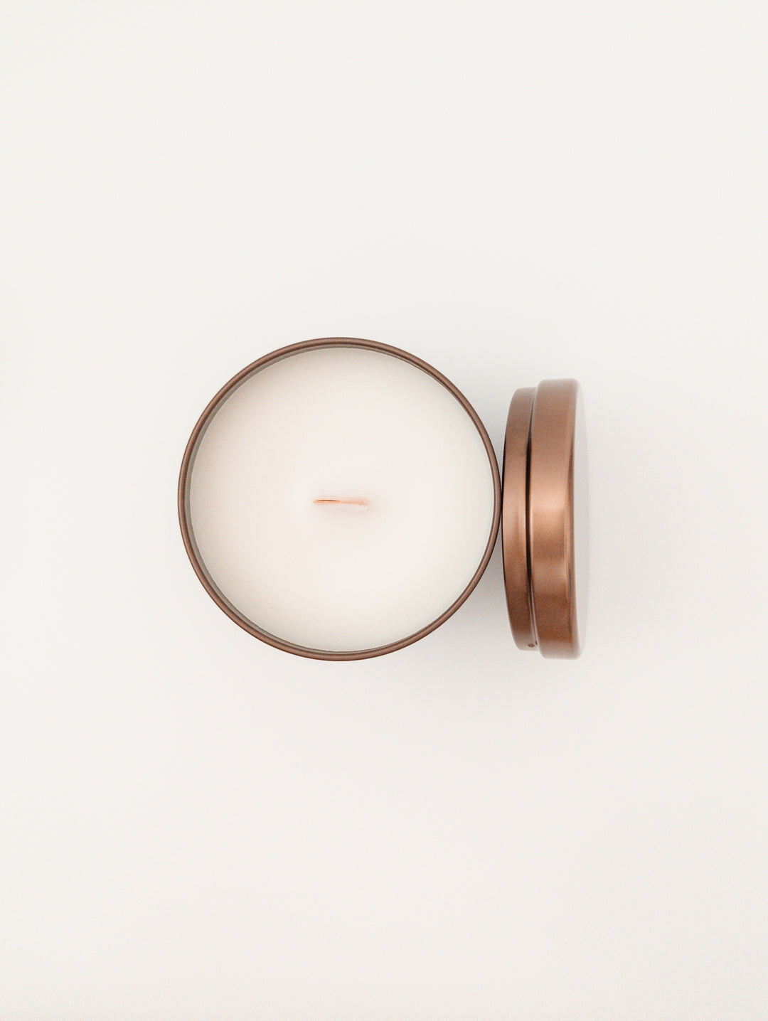 Top view of Dry Gin and Cypress Wood Wick Soy Candle in holiday bronze vessel by juneberryplace home fragrances