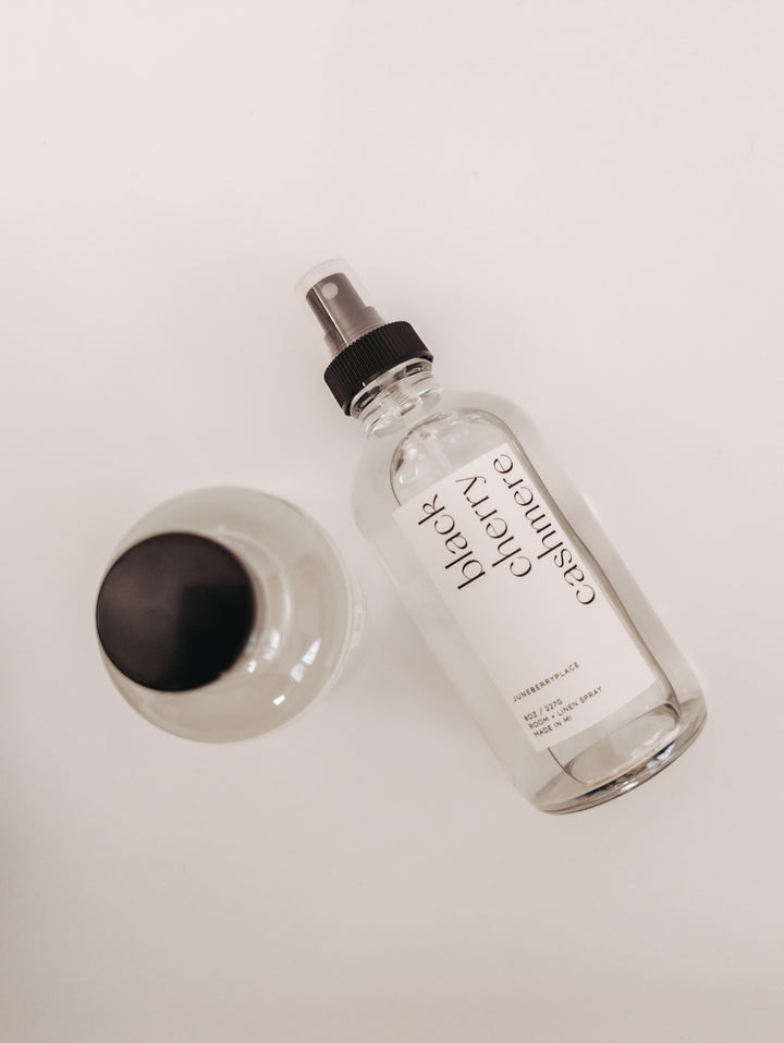 Black Cherry Cashmere Room and Linen Spray in clear glass spray bottle by juneberryplace home fragrances
