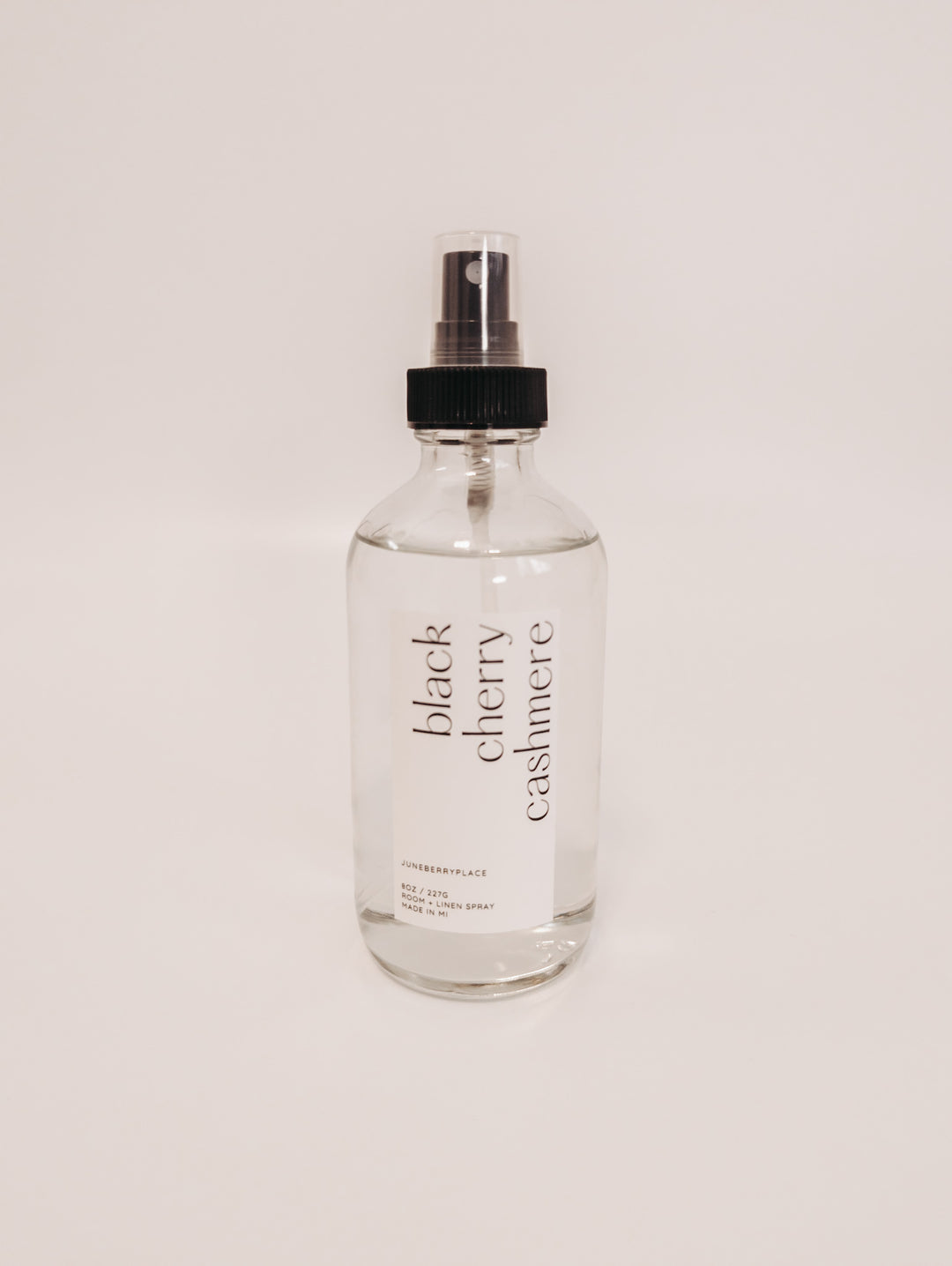 Black Cherry Cashmere Room and Linen Spray in clear glass spray bottle by juneberryplace home fragrances