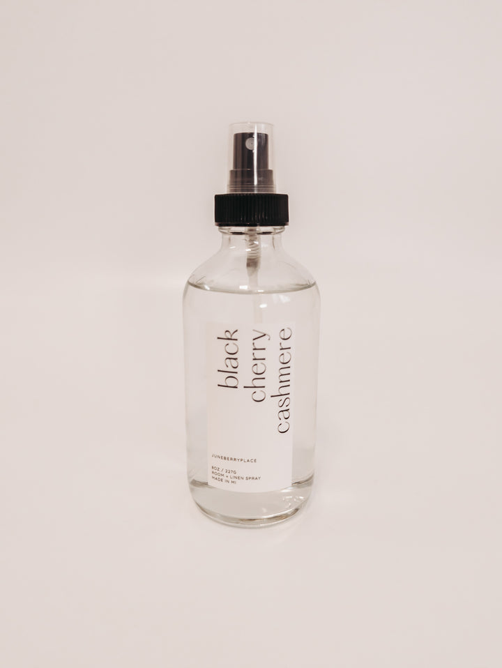 Black Cherry Cashmere Room and Linen Spray in clear glass spray bottle by juneberryplace home fragrances