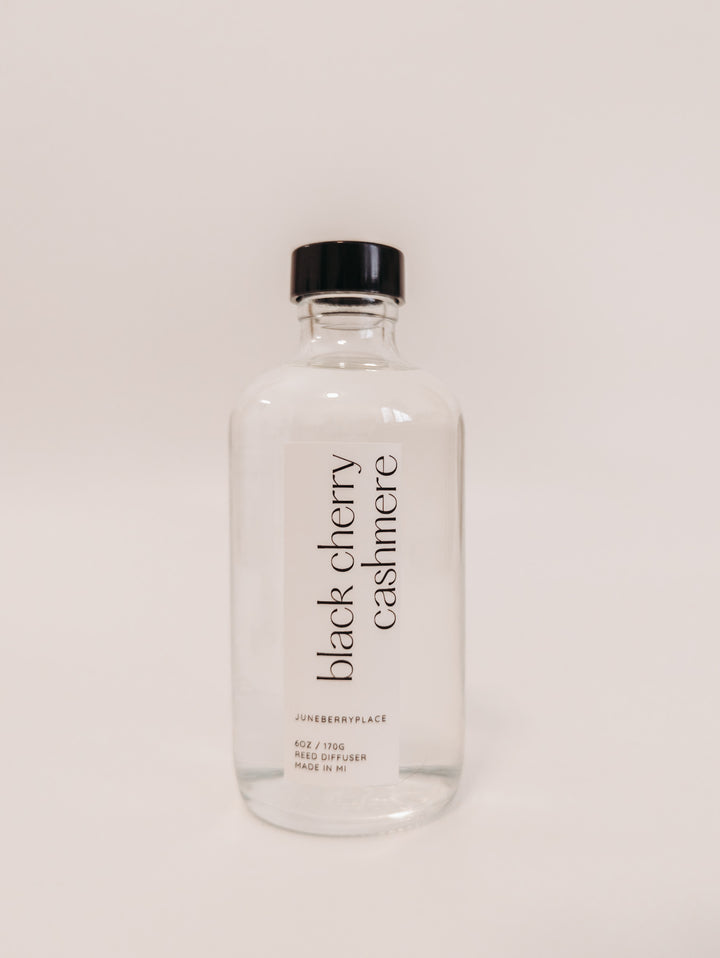 Black Cherry Cashmere Reed Diffuser in glass bottle by juneberryplace home fragrances