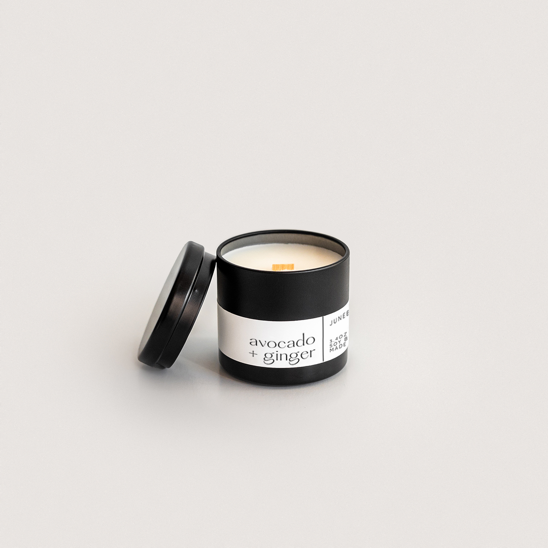 Avocado and Ginger Wood Wick Candle in matte black vessel, by juneberryplace home fragrances