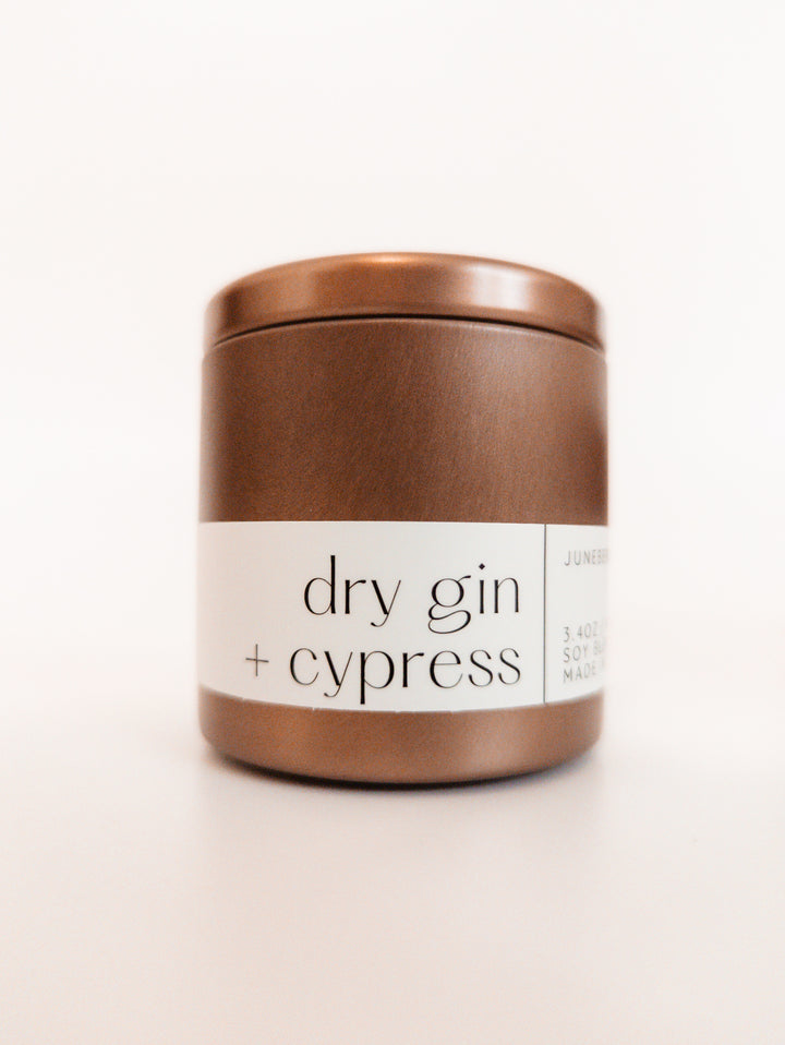 Dry Gin and Cypress Wood Wick Soy Candle in holiday bronze vessel by juneberryplace home fragrances