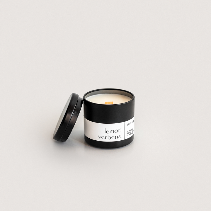Lemon Verbena Wood Wick Candle in matte black vessel, by juneberryplace home fragrances