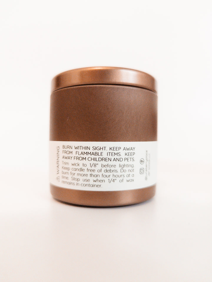 Dry Gin and Cypress Wood Wick Soy Candle in holiday bronze vessel by juneberryplace home fragrances