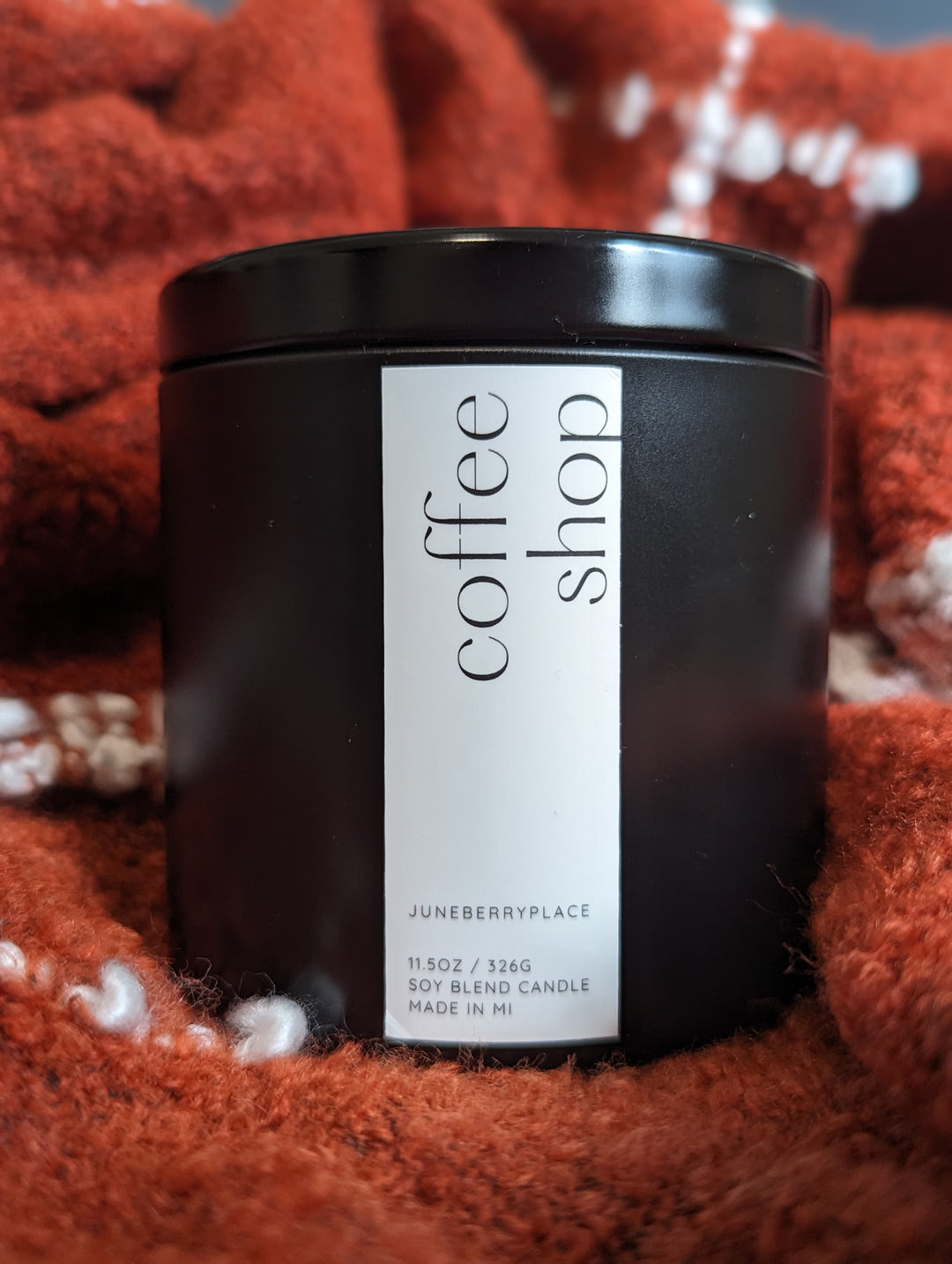Coffee Shop Wood Wick Soy Candle in matte black vessel by juneberryplace home fragrances