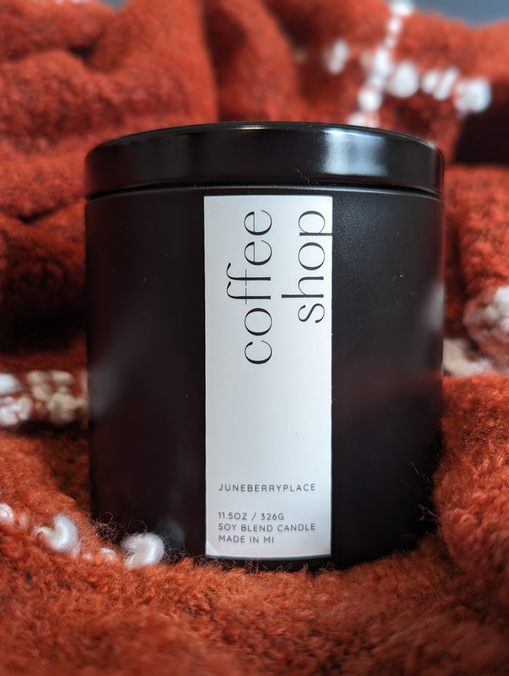 Coffee Shop Wood Wick Soy Candle in matte black vessel by juneberryplace home fragrances