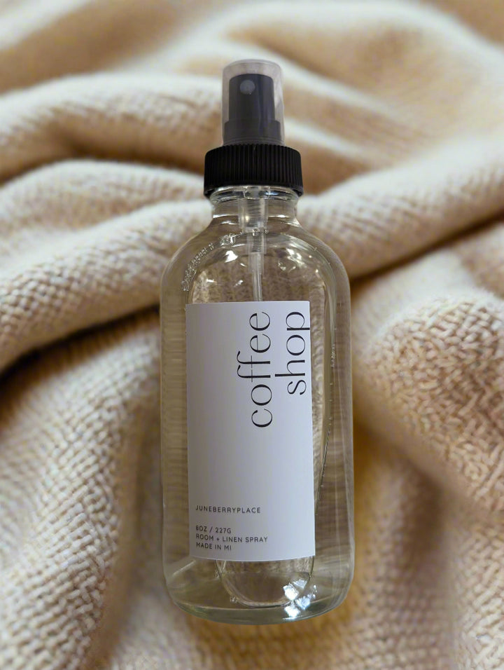 Coffee Shop Room and Linen Spray in clear glass spray bottle by juneberryplace home fragrances