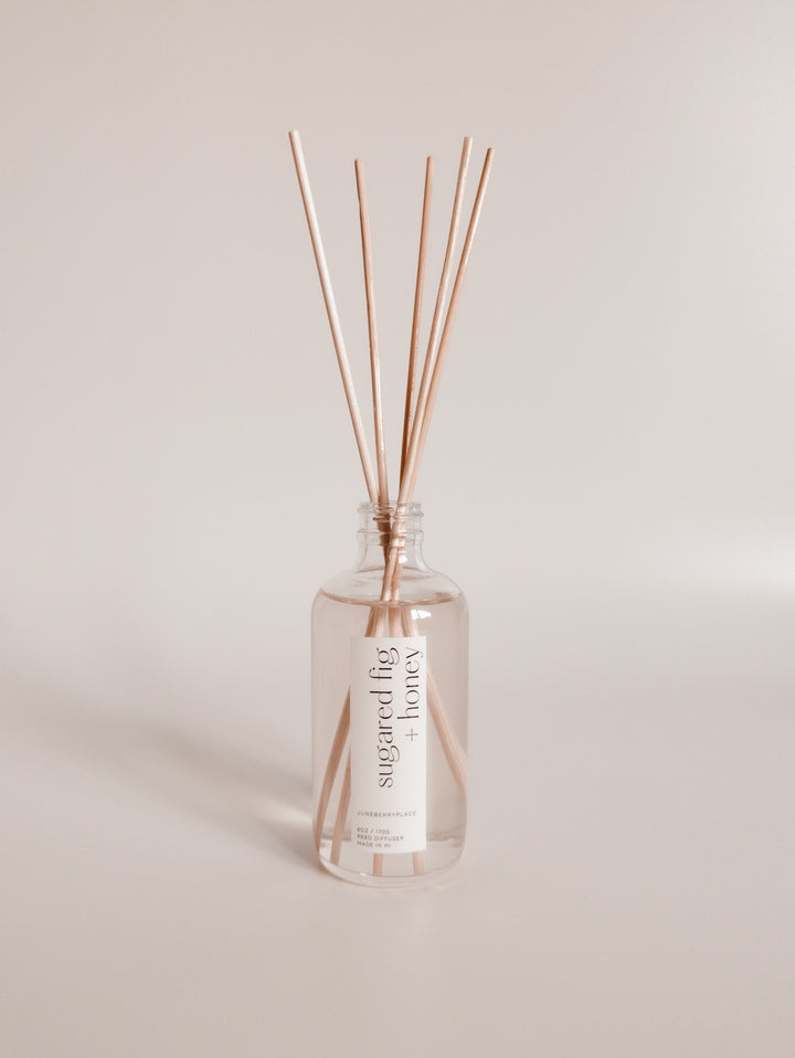 Sugared Fig and Honey reed diffuser: Winter Collection.  Modern clear glass, non-toxic formula. For home fragrance fans who love a clean aesthetic