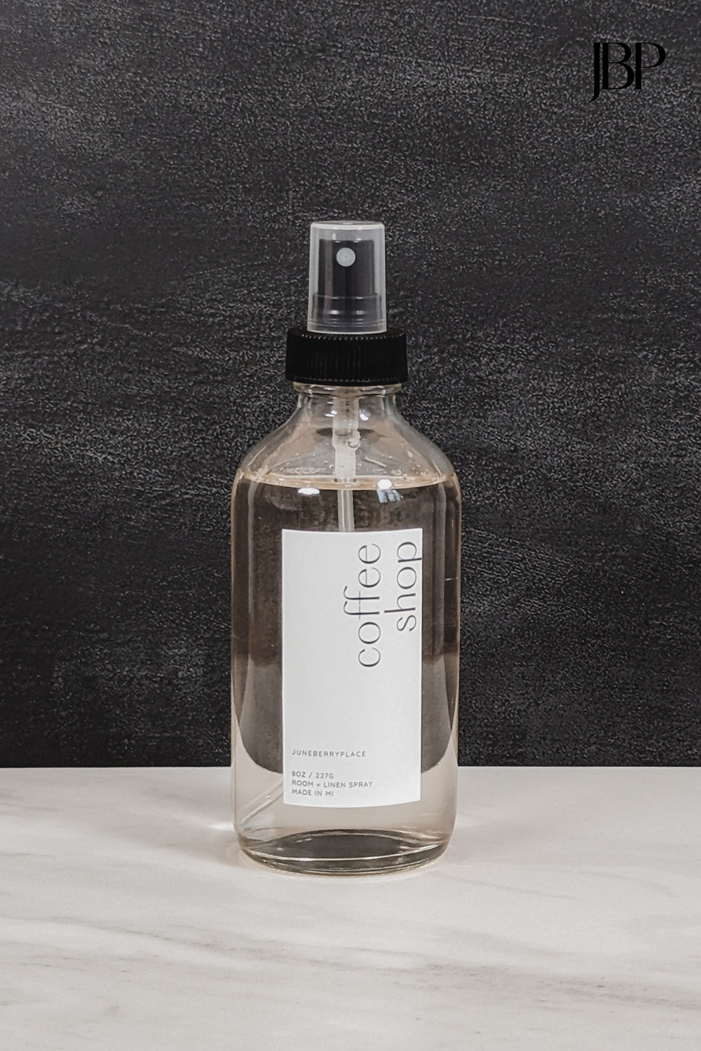 Coffee Shop Room and Linen Spray in clear glass spray bottle by juneberryplace home fragrances
