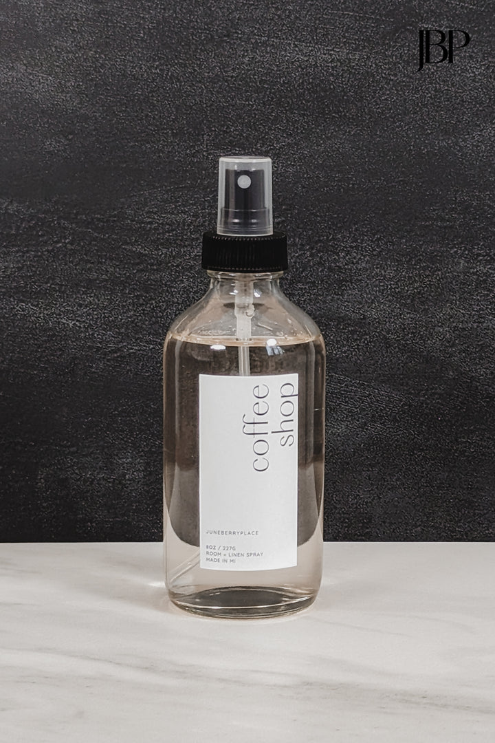 Coffee Shop Room and Linen Spray in clear glass spray bottle by juneberryplace home fragrances