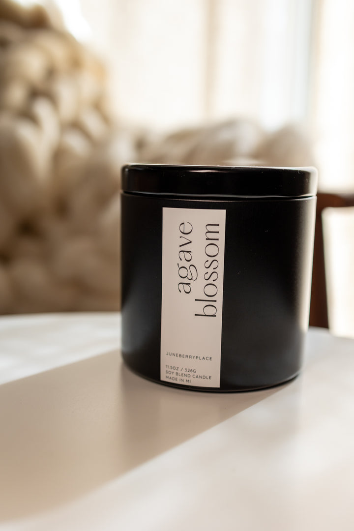 Agave Blossom Soy Candle in matte black vessel by juneberryplace home fragrances