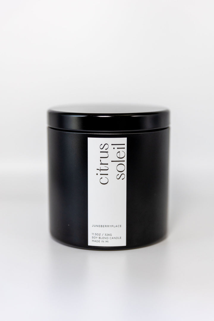 Citrus Soleil Wood Wick Soy Candle in matte black vessel by juneberryplace home fragrances