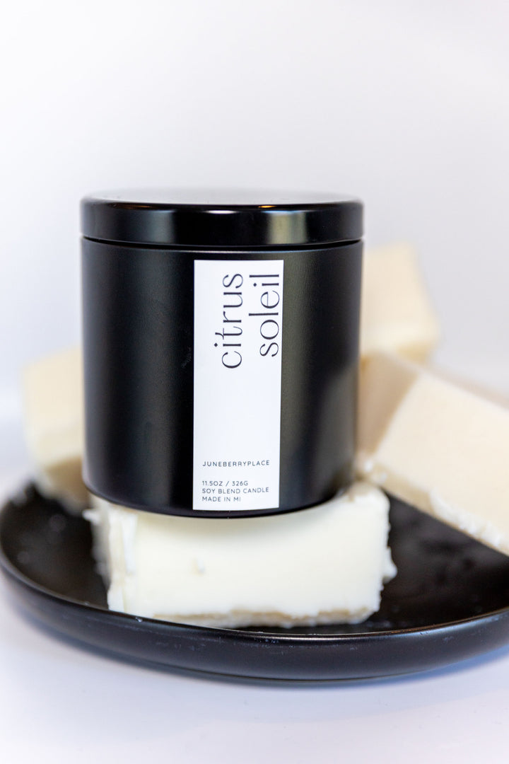 Citrus Soleil Wood Wick Soy Candle in matte black vessel by juneberryplace home fragrances