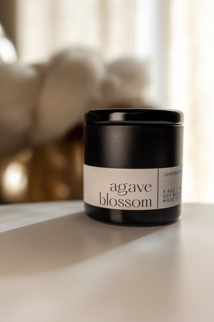 Agave Blossom Soy Candle in matte black vessel by juneberryplace home fragrances