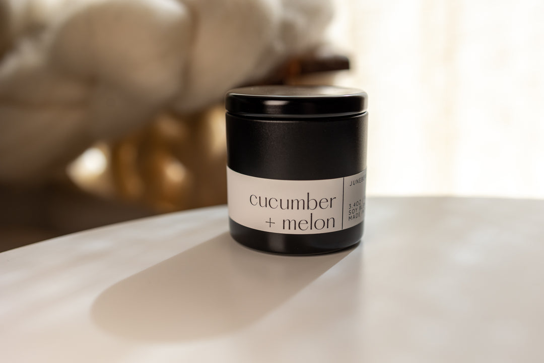 Cucumber Water and Melon Soy Candle in matte black vessel by juneberryplace home fragrances