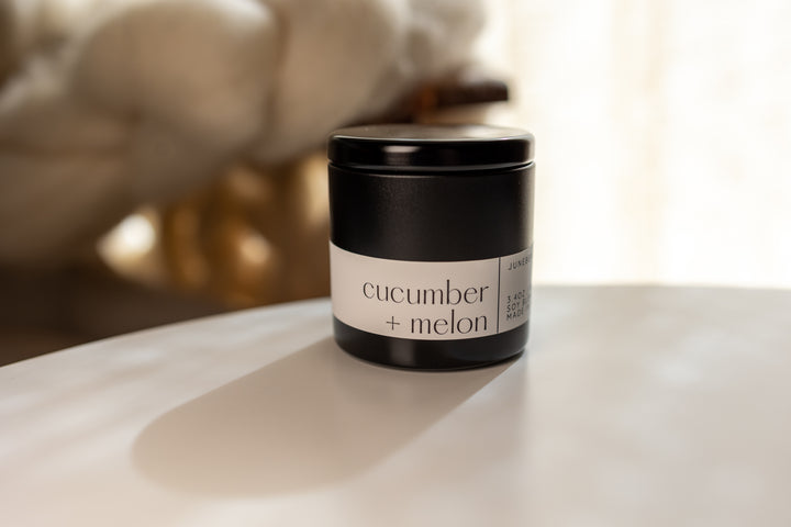 Cucumber Water and Melon Soy Candle in matte black vessel by juneberryplace home fragrances