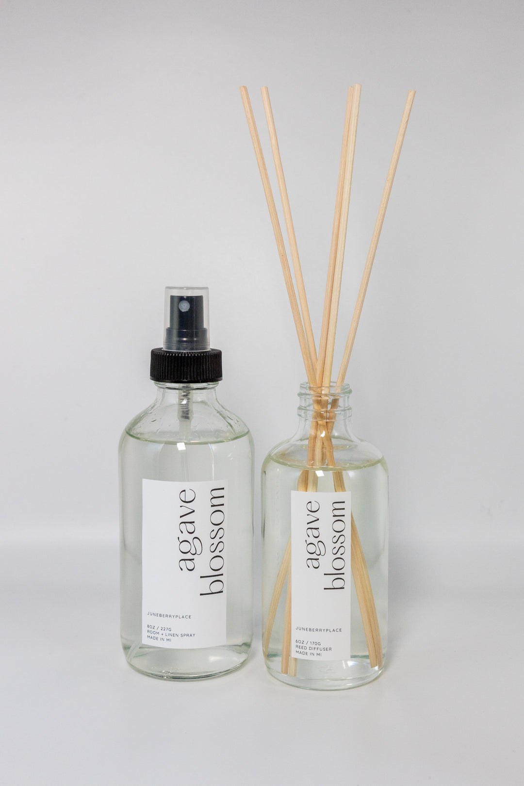 Agave Blossom Reed Diffuser and Room + Linen Sprays - Spring Collection in glass bottles by juneberryplace home fragrances