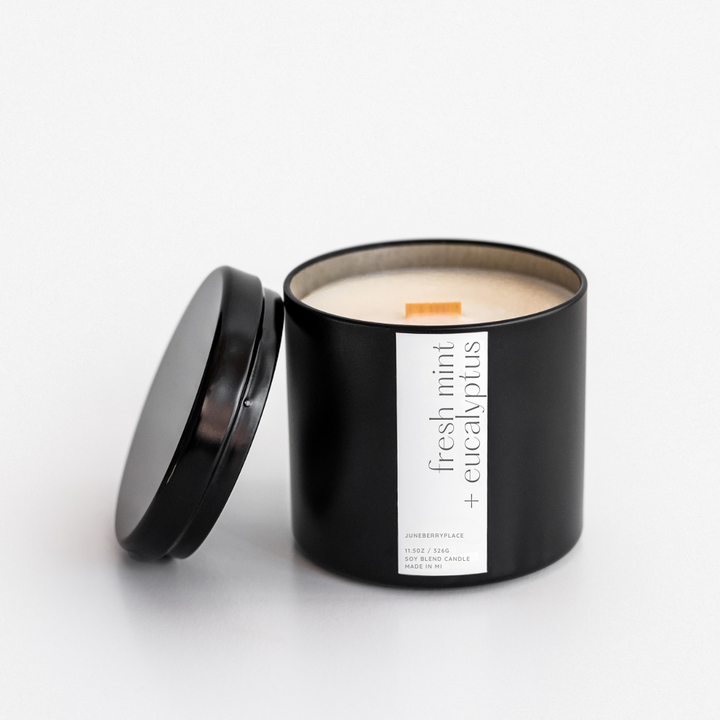 Fresh Mint and Eucalyptus Wood Wick Candle in matte black vessel, by juneberryplace home fragrances