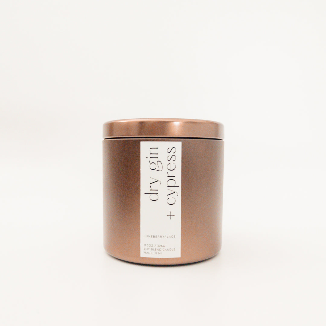 Dry Gin and Cypress Wood Wick Soy Candle in holiday bronze vessel by juneberryplace home fragrances