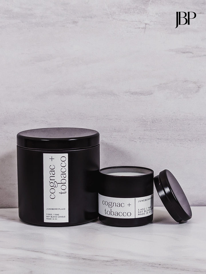Cognac and Tobacco Wood Wick Soy Candle in matte black vessel by juneberryplace home fragrances