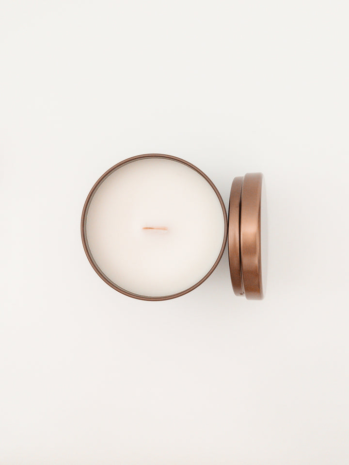 Top view of Dry Gin and Cypress Wood Wick Soy Candle in holiday bronze vessel by juneberryplace home fragrances