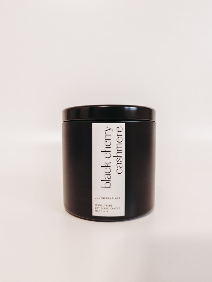 Black Cherry Cashmere Wood Wick in matte black vessel by juneberryplace home fragrances
