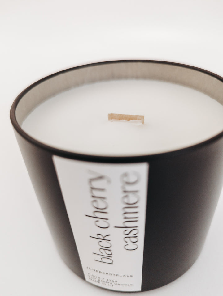 Black Cherry Cashmere Wood Wick  Candle in matte black vessel by juneberryplace home fragrances
