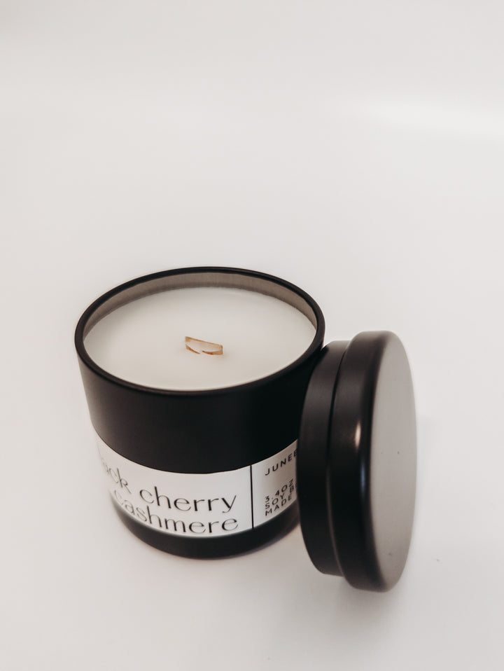 Black Cherry Cashmere Wood Wick Candle in matte black vessel by juneberryplace home fragrances