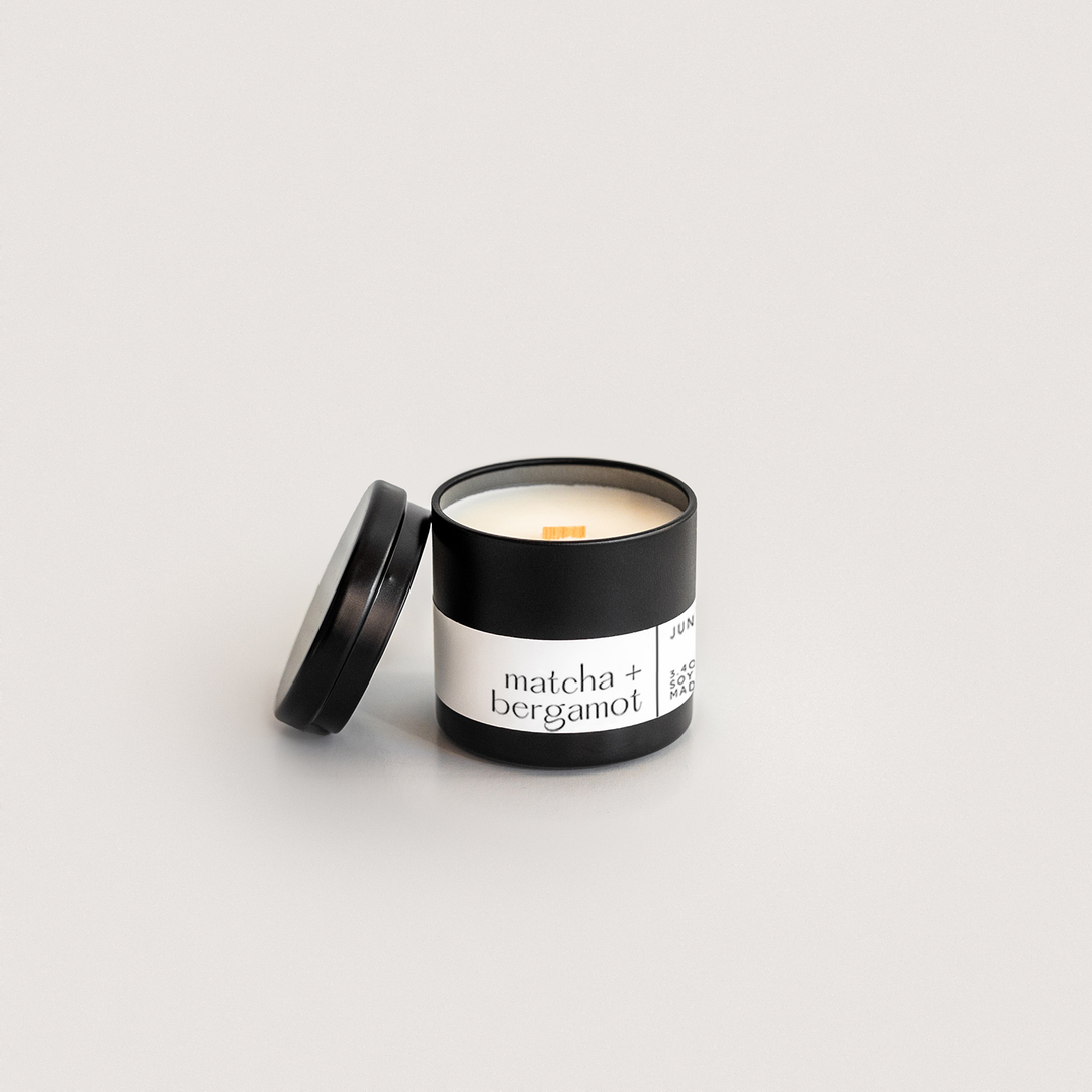 Matcha and Bergamot Wood Wick Candle in matte black vessel, by juneberryplace home fragrances