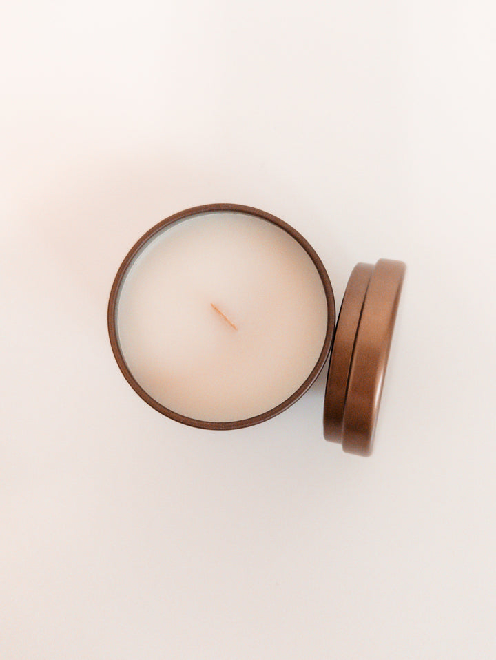 Top view Dry Gin and Cypress Wood Wick Soy Candle in holiday bronze vessel by juneberryplace home fragrances