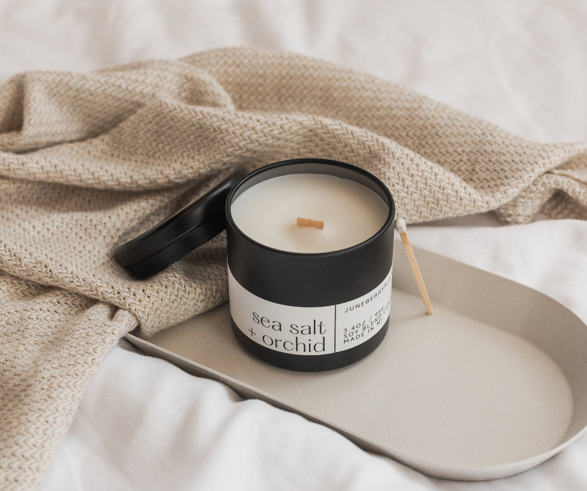 wood wick soy candle, scented candle, luxury handmade candles, black candle with crackling wood wick, see salt and orchid candle with match stick