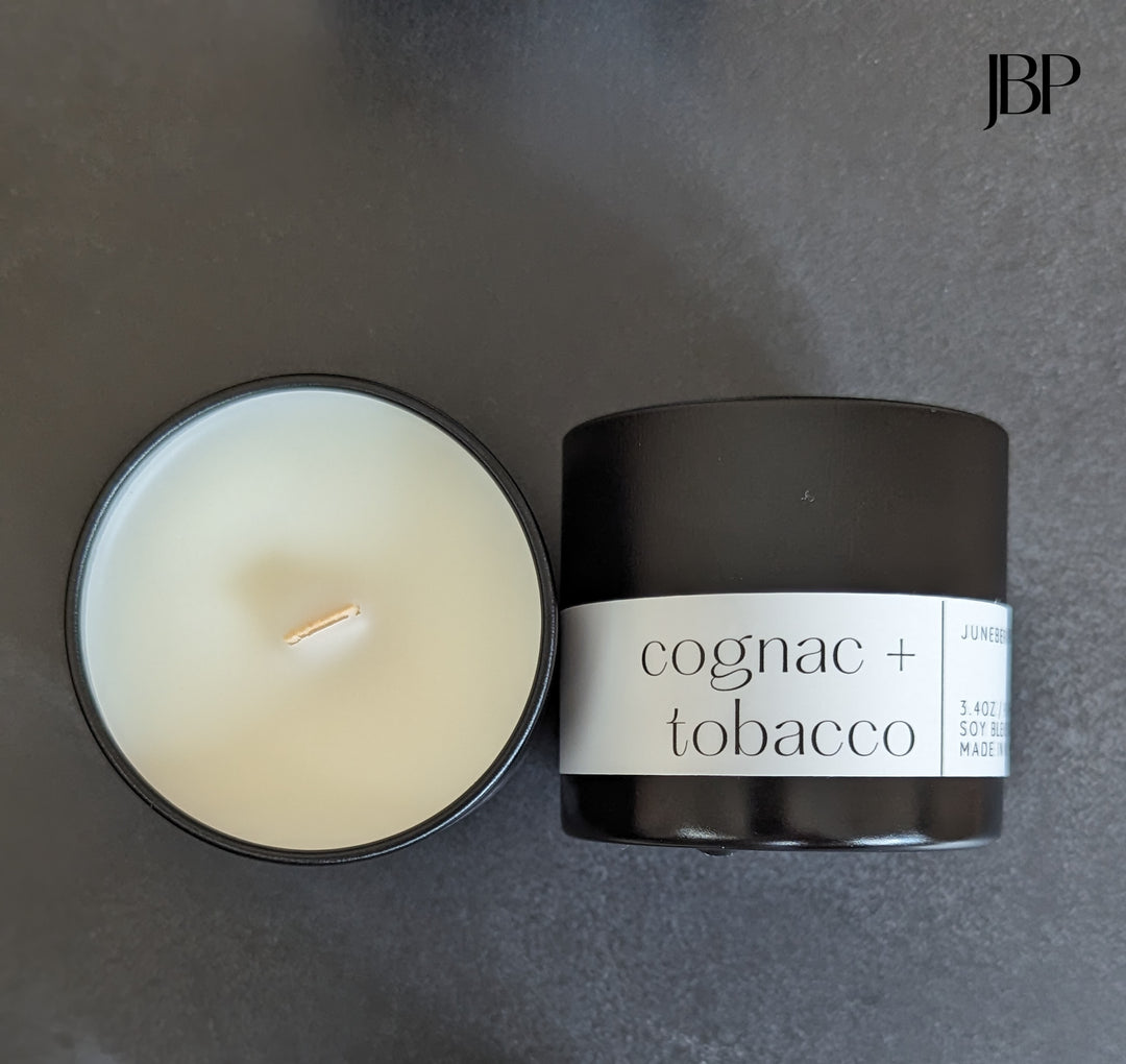 Cognac and Tobacco Wood Wick Soy Candle in matte black vessel by juneberryplace home fragrances