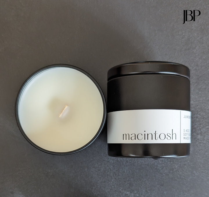 Macintosh Wood Wick Soy Candle in matte black vessel by juneberryplace home fragrances