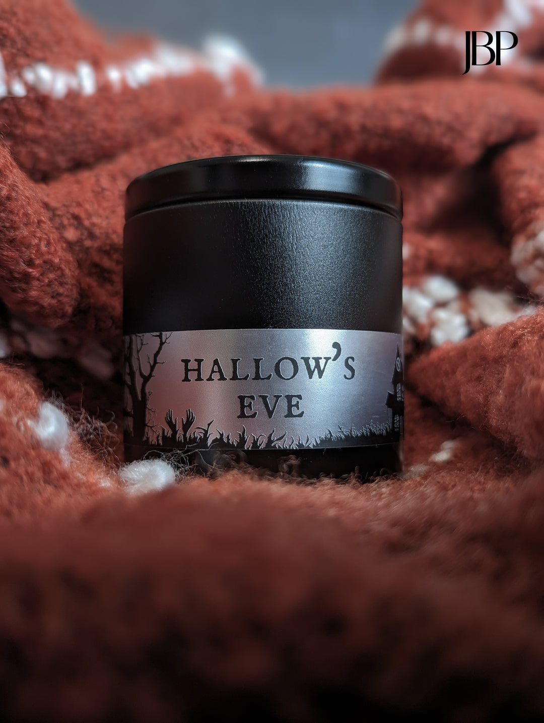 Hallow's Eve Wood Wick Soy Candle in matte black vessel by juneberryplace home fragrances