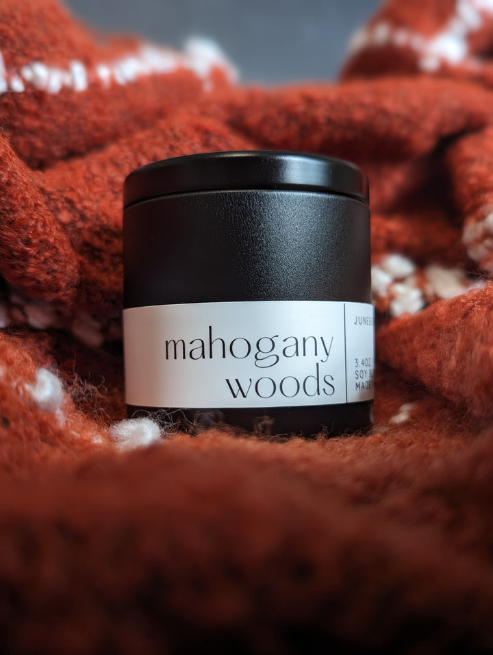 Mahogany Woods Wood Wick Soy Candle in matte black vessel by juneberryplace home fragrances