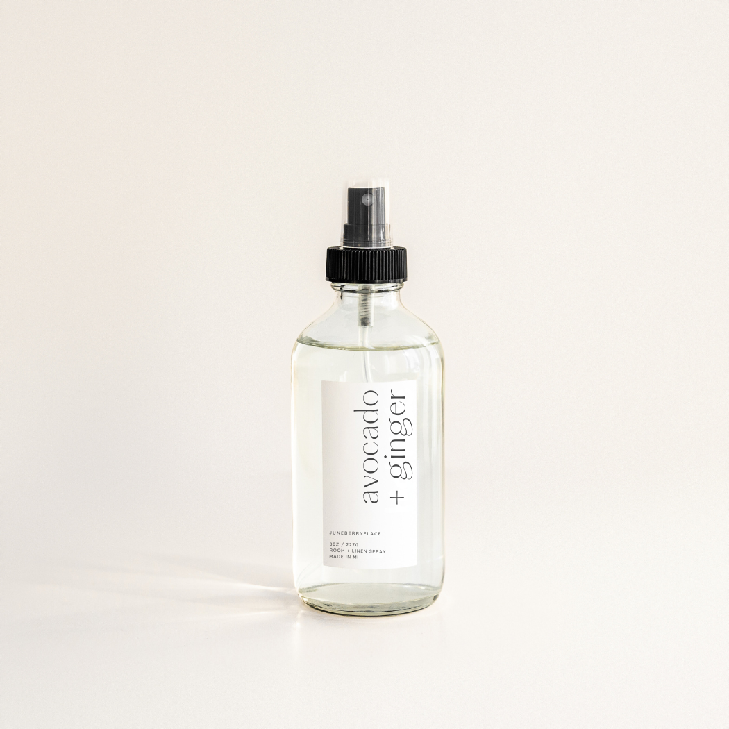 Avocado and Ginger Room and Linen Spray in clear glass spray bottle by juneberryplace home fragrances