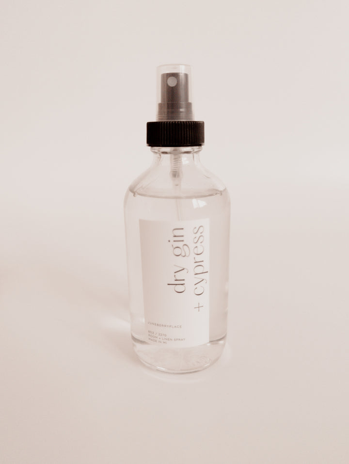 Dry Gin and Cypress Room and Linen Spray in clear glass spray bottle by juneberryplace home fragrances