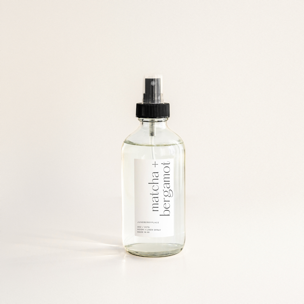 Matcha and Bergamot Room and Linen Spray in clear glass spray bottle by juneberryplace home fragrances