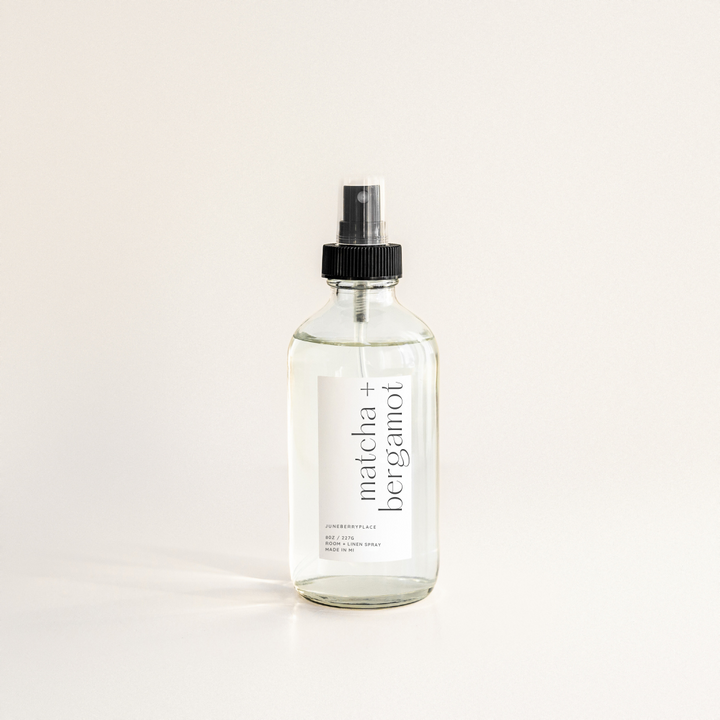 Matcha and Bergamot Room and Linen Spray in clear glass spray bottle by juneberryplace home fragrances