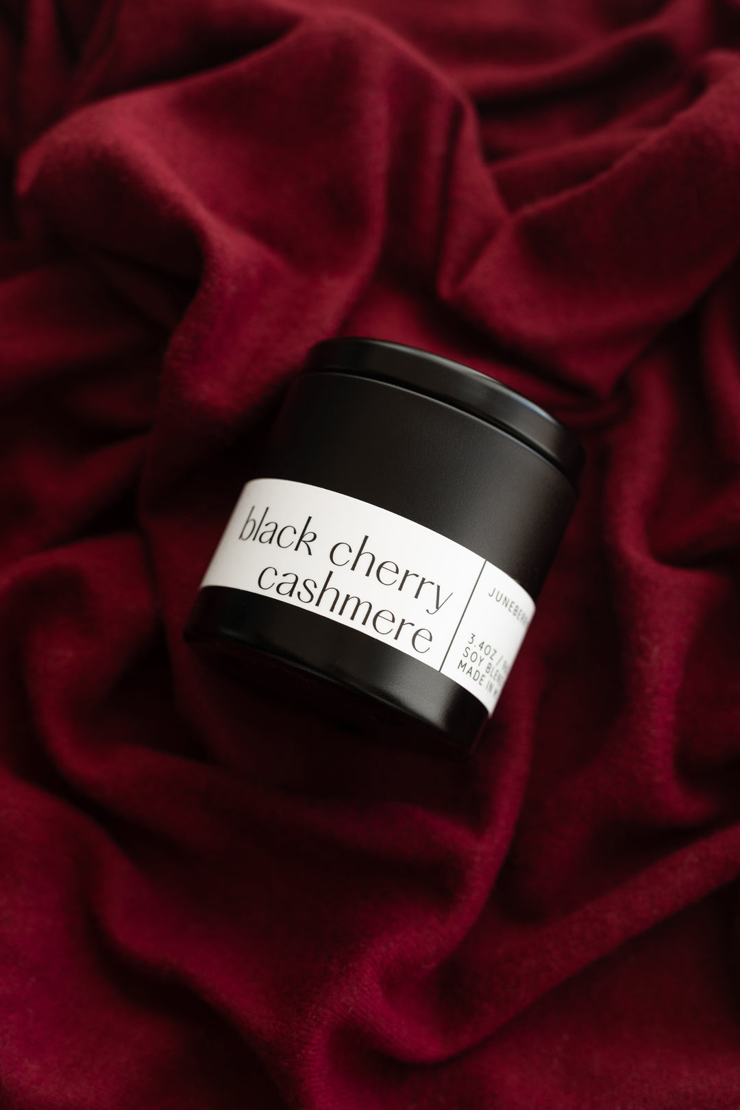 Black Cherry Cashmere Wood Wick Candle in matte black vessel, Valentine's Day Candle, by juneberryplace home fragrances