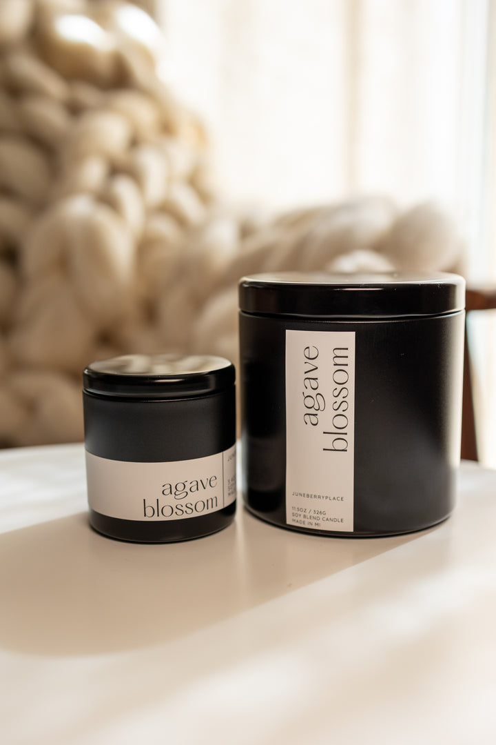Agave Blossom Soy Candle in matte black vessel by juneberryplace home fragrances