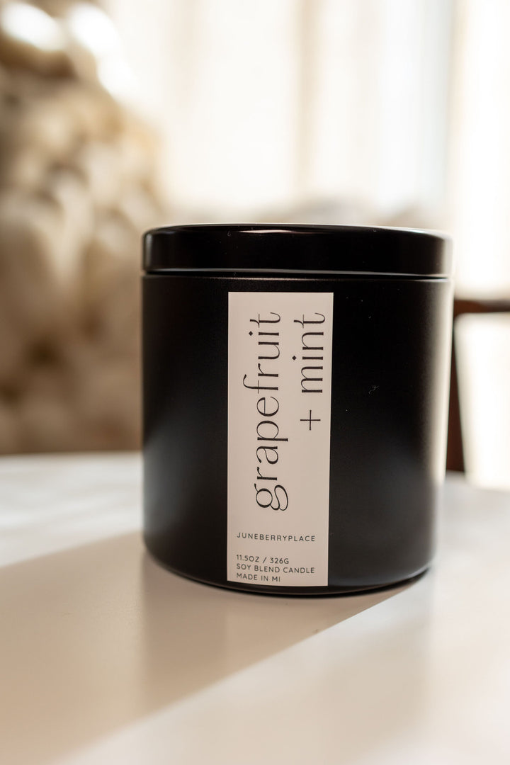 Grapefruit and Mint Soy Candle in matte black vessel by juneberryplace home fragrances