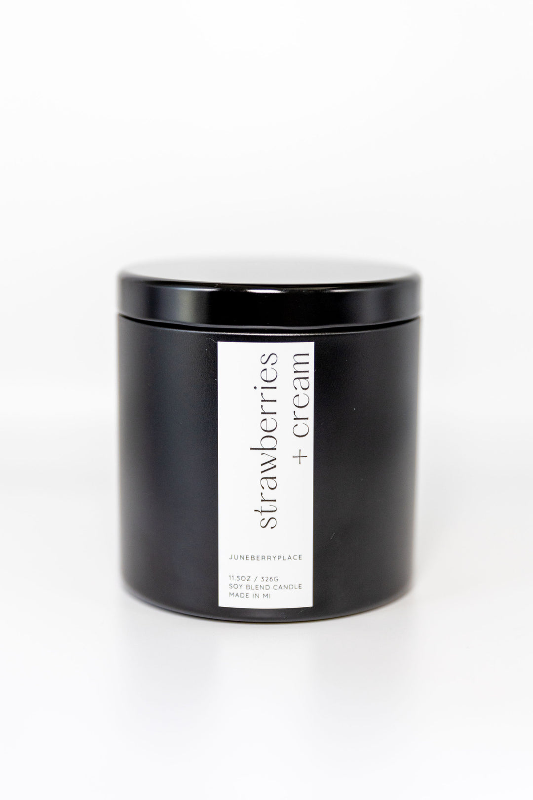 Strawberries and Cream Soy Candle in matte black vessel by juneberryplace home fragrances