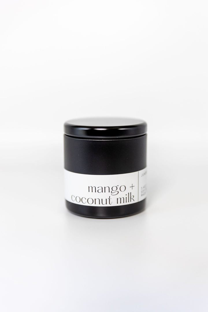 Mango and Coconut Milk Soy Candle in matte black vessel by juneberryplace home fragrances
